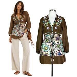 Johnny Was | Brown Floral Embroidered Sheer White Boho Tunic Blouse Top Small